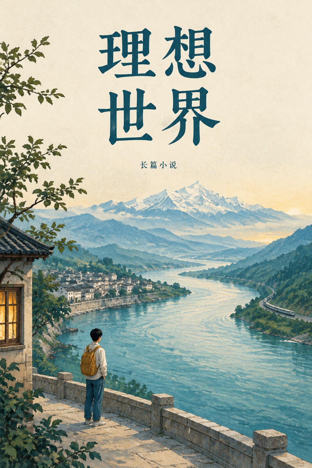 《理想世界》封面：背包少年站在故乡河畔，望向远处的雪山